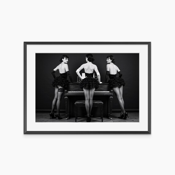Three Burlesque Dancers Upright Piano Black White Photography Poster