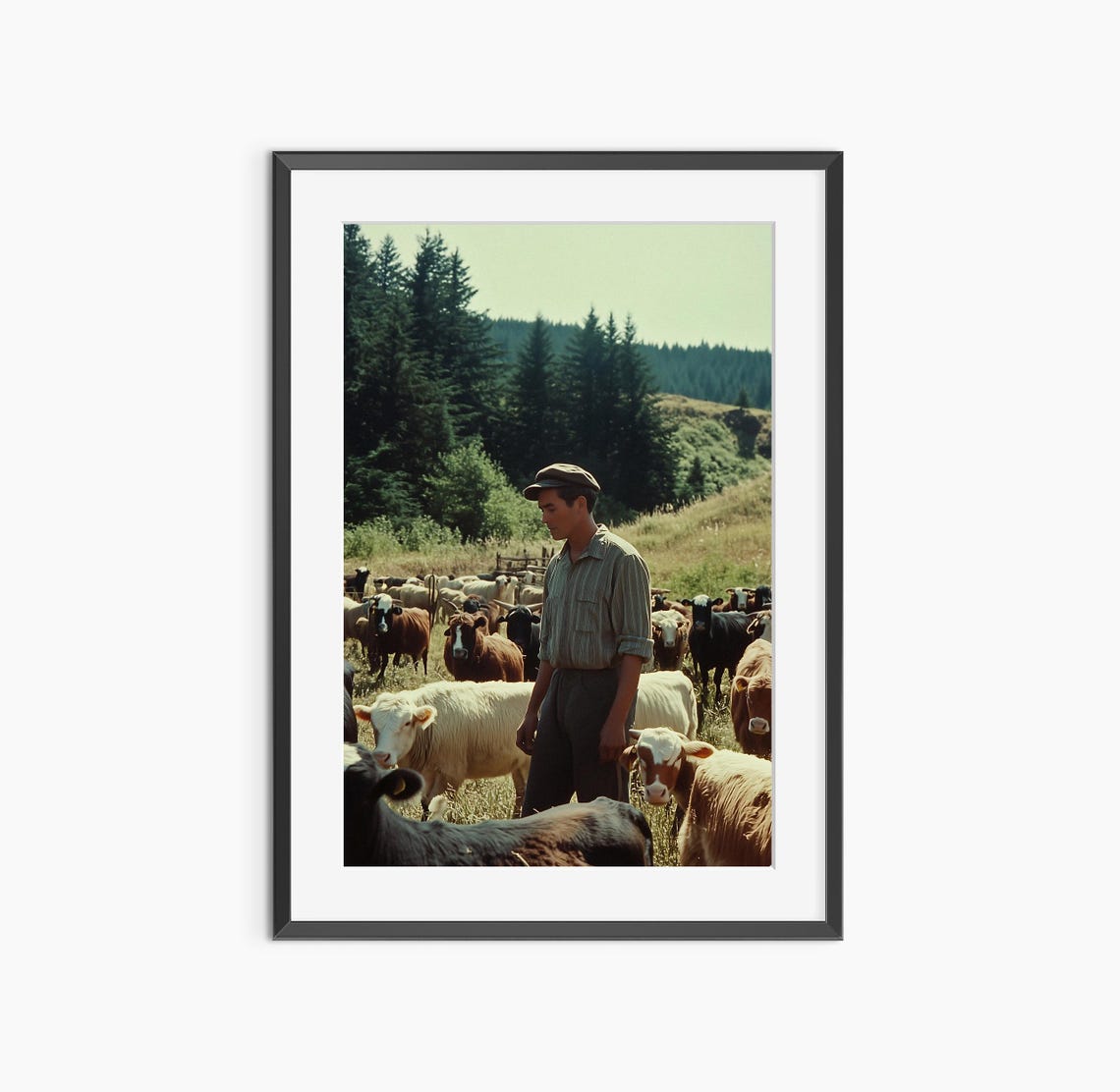 Vintage Cowboy Herding Cattle in Meadow Rustic Western Farm Poster