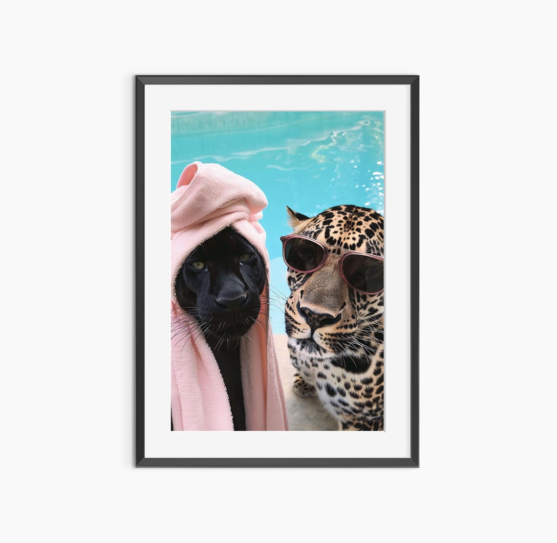 Panther and Leopard Pool Day Funny Sunglasses Wildlife Poster