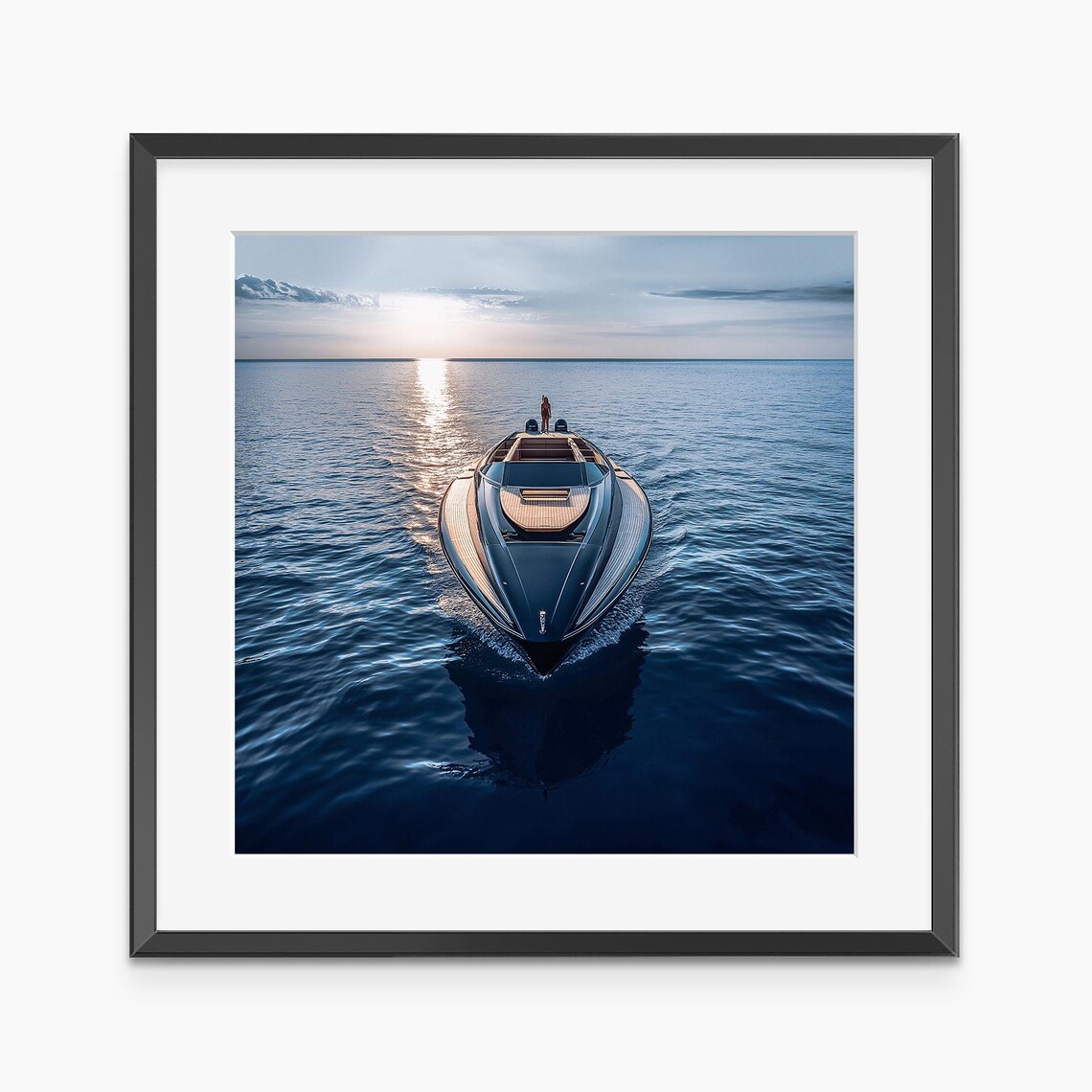 Luxury Motor Yacht Sailing Open Sea at Sunset Aerial Photo Poster