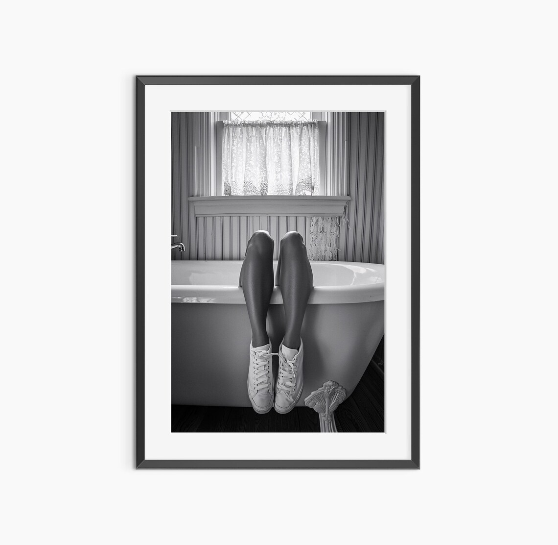 Legs in Sneakers Over Clawfoot Tub Playful Bathroom Photo Poster