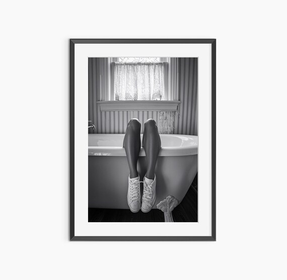 Legs in Sneakers Over Clawfoot Tub Playful Bathroom Photo Poster