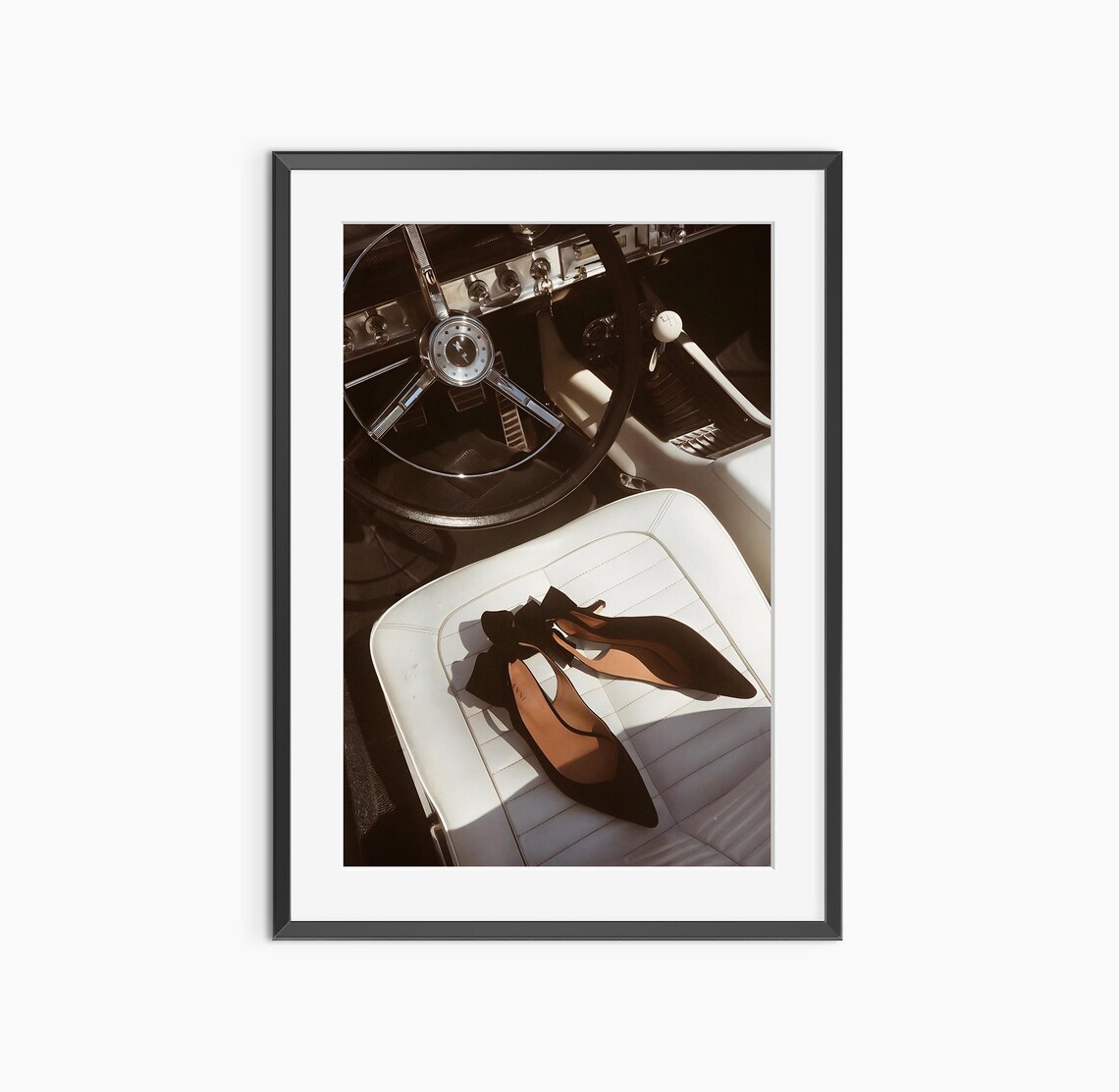 Black Heels on Vintage Car Seat Chic Fashion Photography Poster