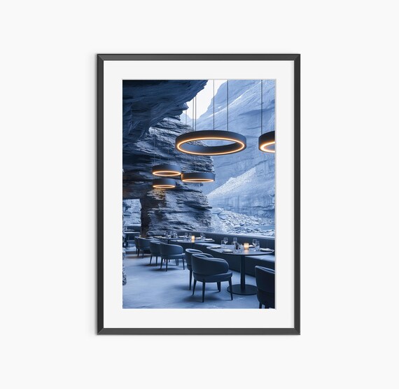Futuristic Cave Restaurant Elegant Dining Hall Inside Rock Canyon Wall Art