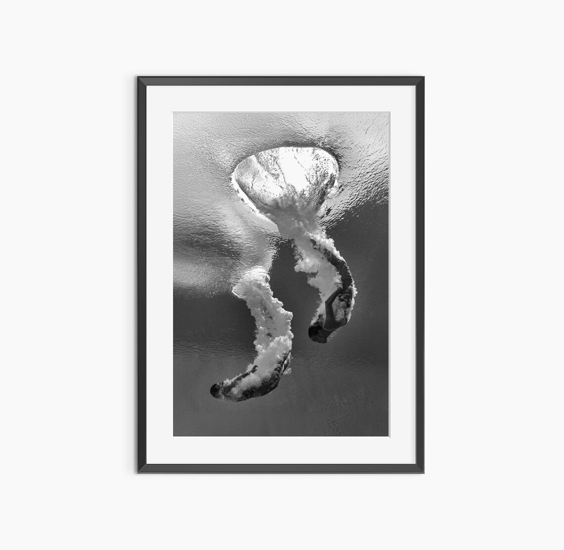 Divers Descending Underwater Black And White Dramatic Ocean Photo Poster