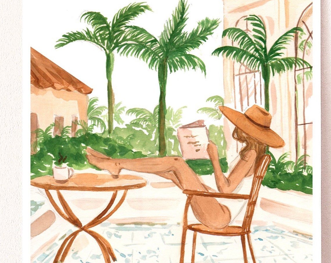 Vacation Mode Woman Reading At Tropical Resort Cafe Watercolor Print
