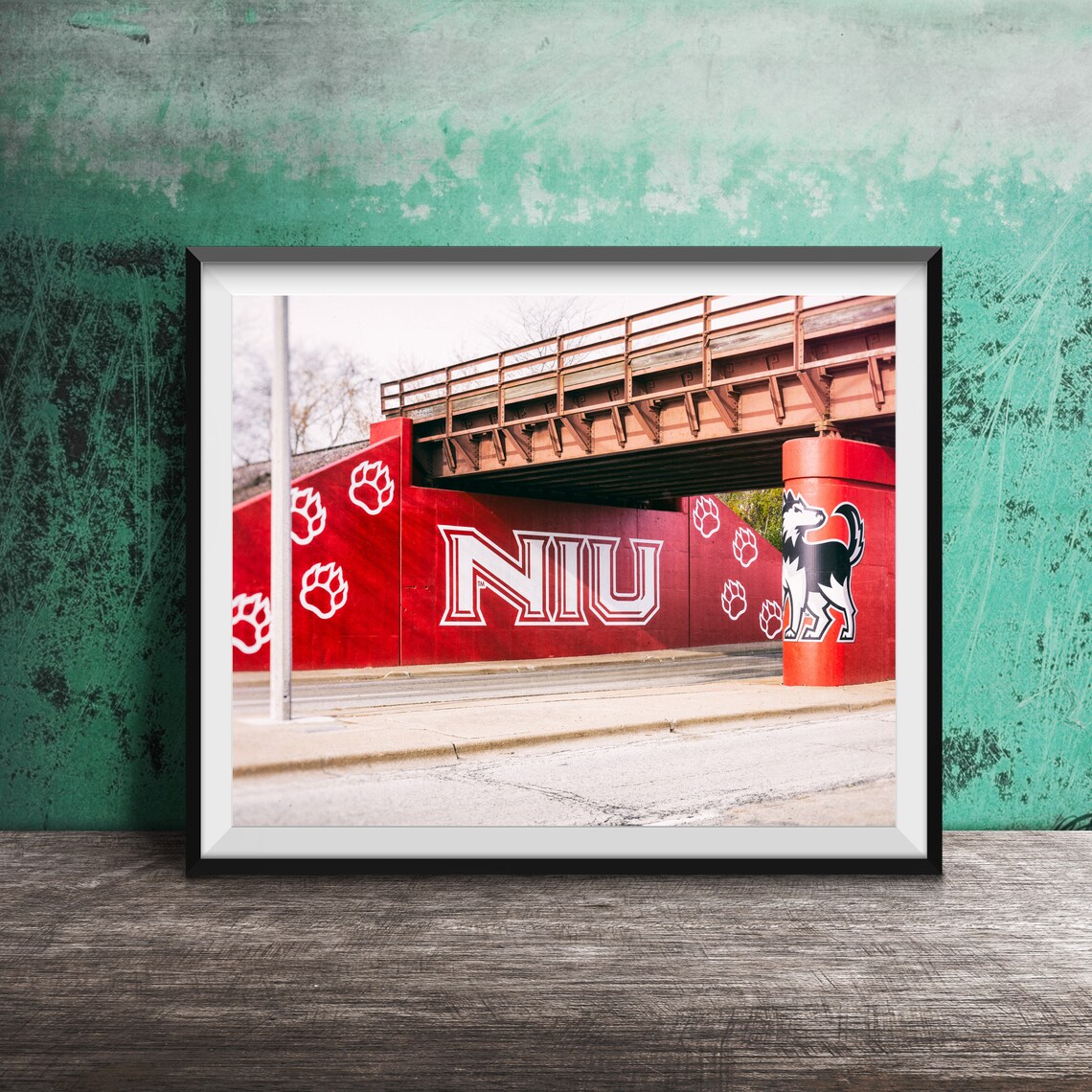NIU Huskies Railroad Bridge Mural Red Paw Marks Photography Poster