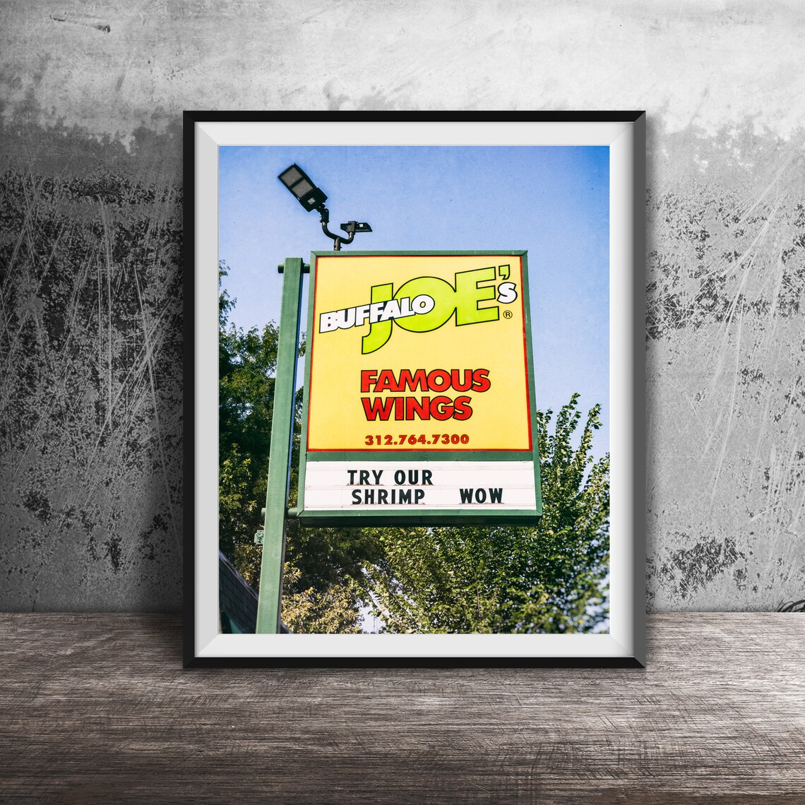 Buffalo Joes Famous Wings Roadside Sign Chicago Try Our Shrimp Poster