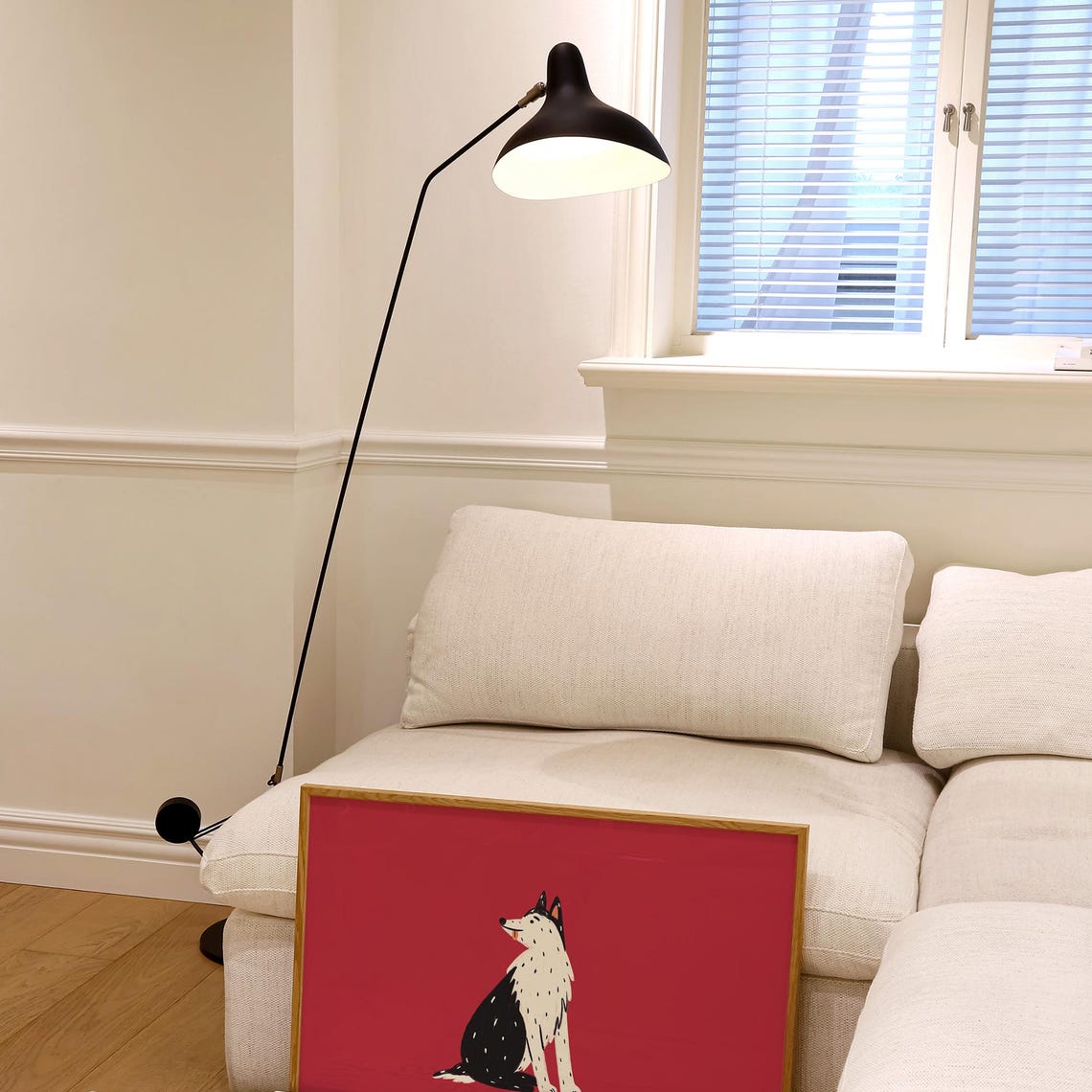Black and White Pup Sitting Bold Red Background Graphic Dog Print