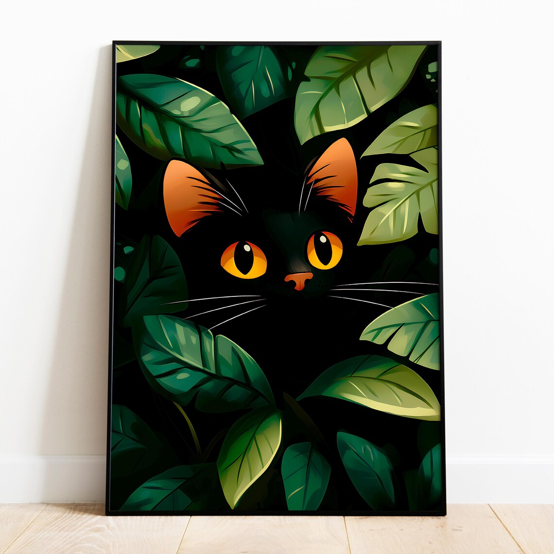 Black Cat Peeking Through Green Jungle Leaves Amber Eyes Wall Art Print