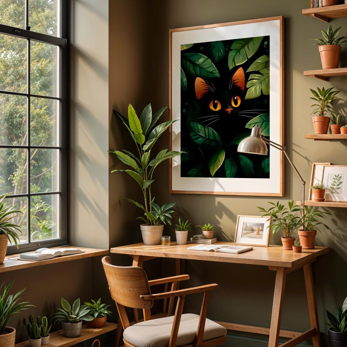 Black Cat Peeking Through Green Jungle Leaves Amber Eyes Wall Art Print - Image 4