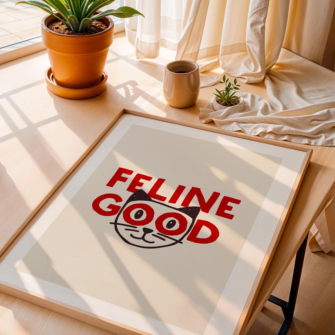 Feline Good Funny Cat Typography Red Bold Minimal Cat Lover Wall Art Poster - Image 2