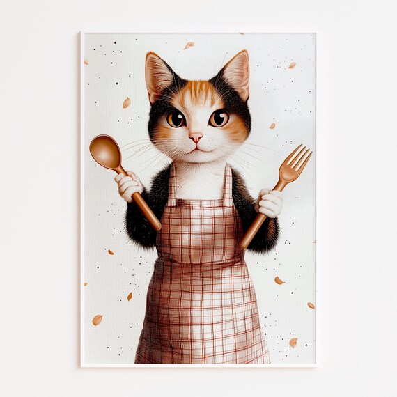 Calico Cat Chef Plaid Apron Wooden Spoon Fork Kitchen Cute Animal Poster