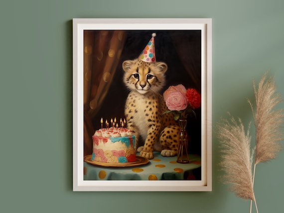 Cheetah Cub With a Polka Dot Party Hat and Birthday Cake Poster