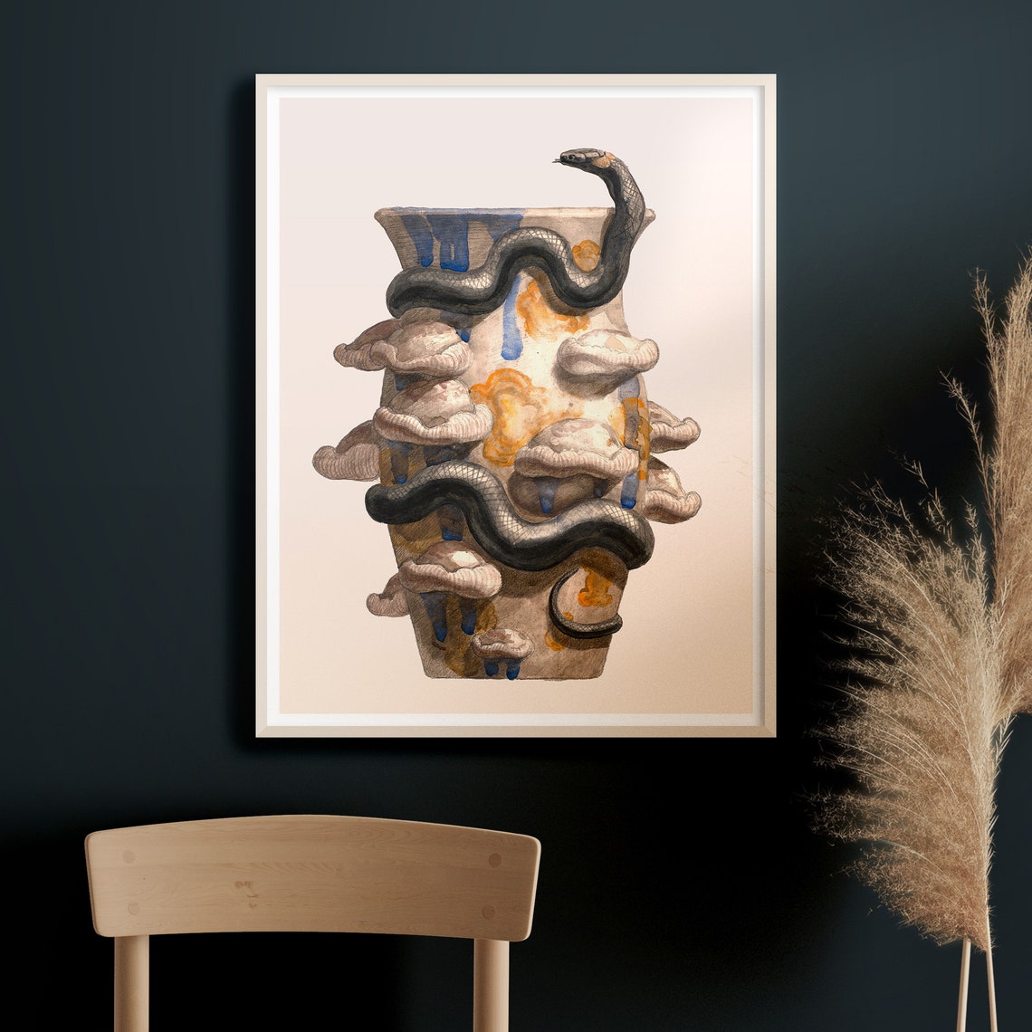 Black Snake Coiled Around an Ancient Mushroom Covered Vase Poster - Image 2