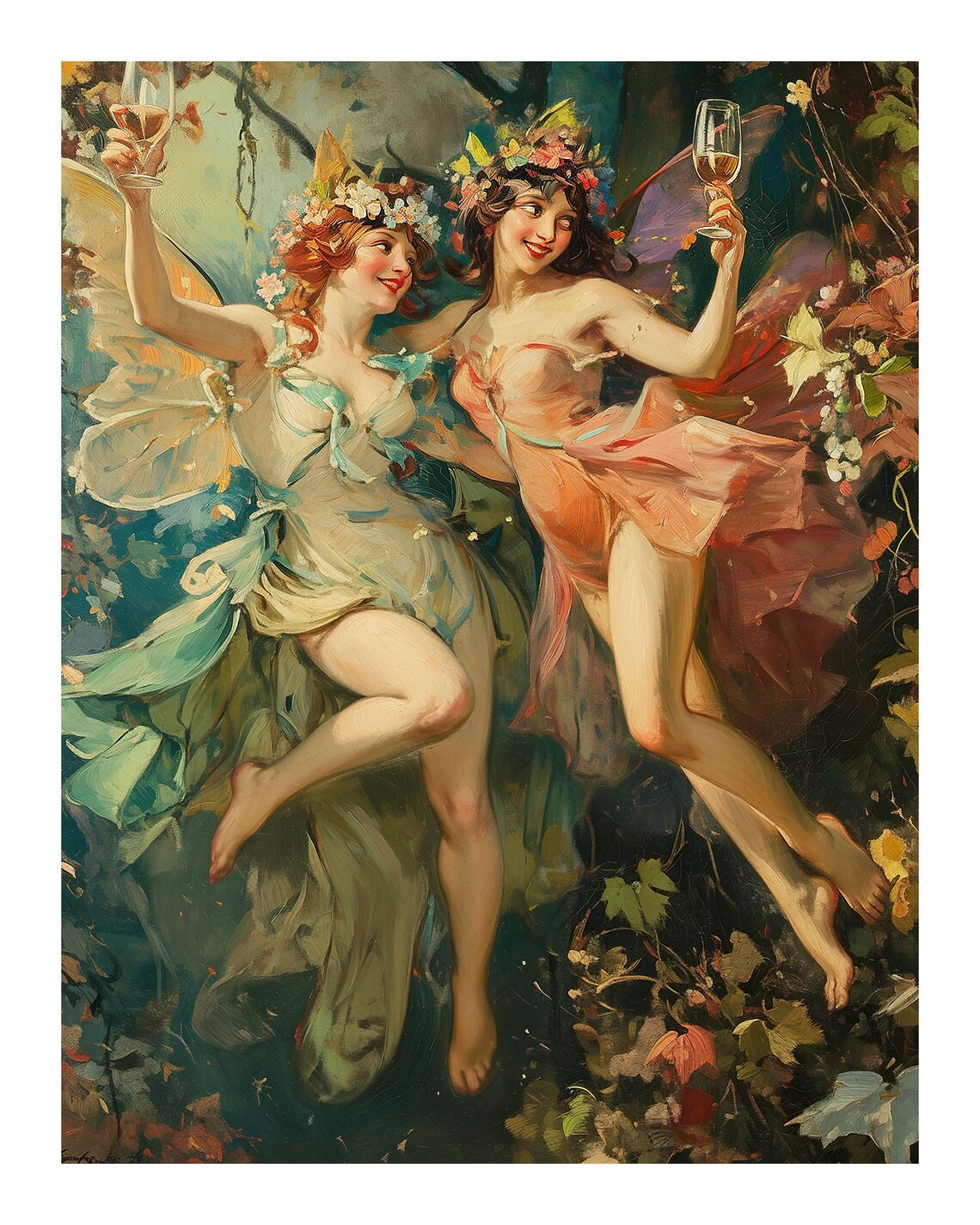 Vintage Oil Painting Fairies Drinking and Flying Art Print - Image 2