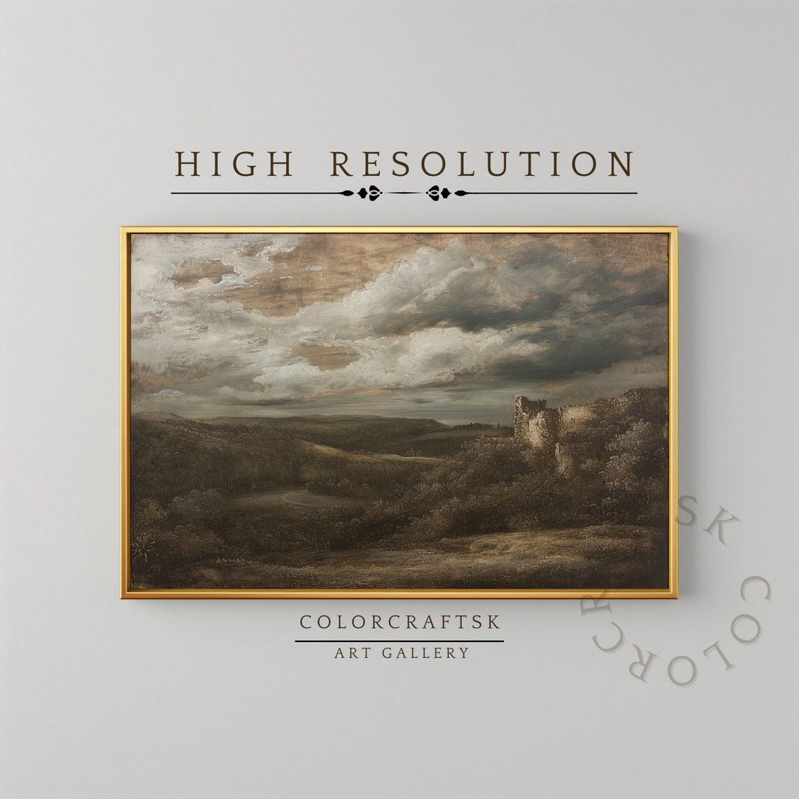 Rustic Castle Ruins Painting Antique Castle Painting Gothic Landscape Art Decor Ancient Wall Art