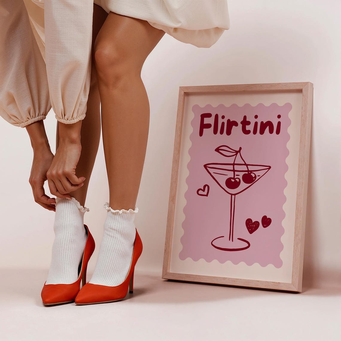 Flirtini Cocktail Cherry Martini Cute Pink Bar Cart Art Poster Girly