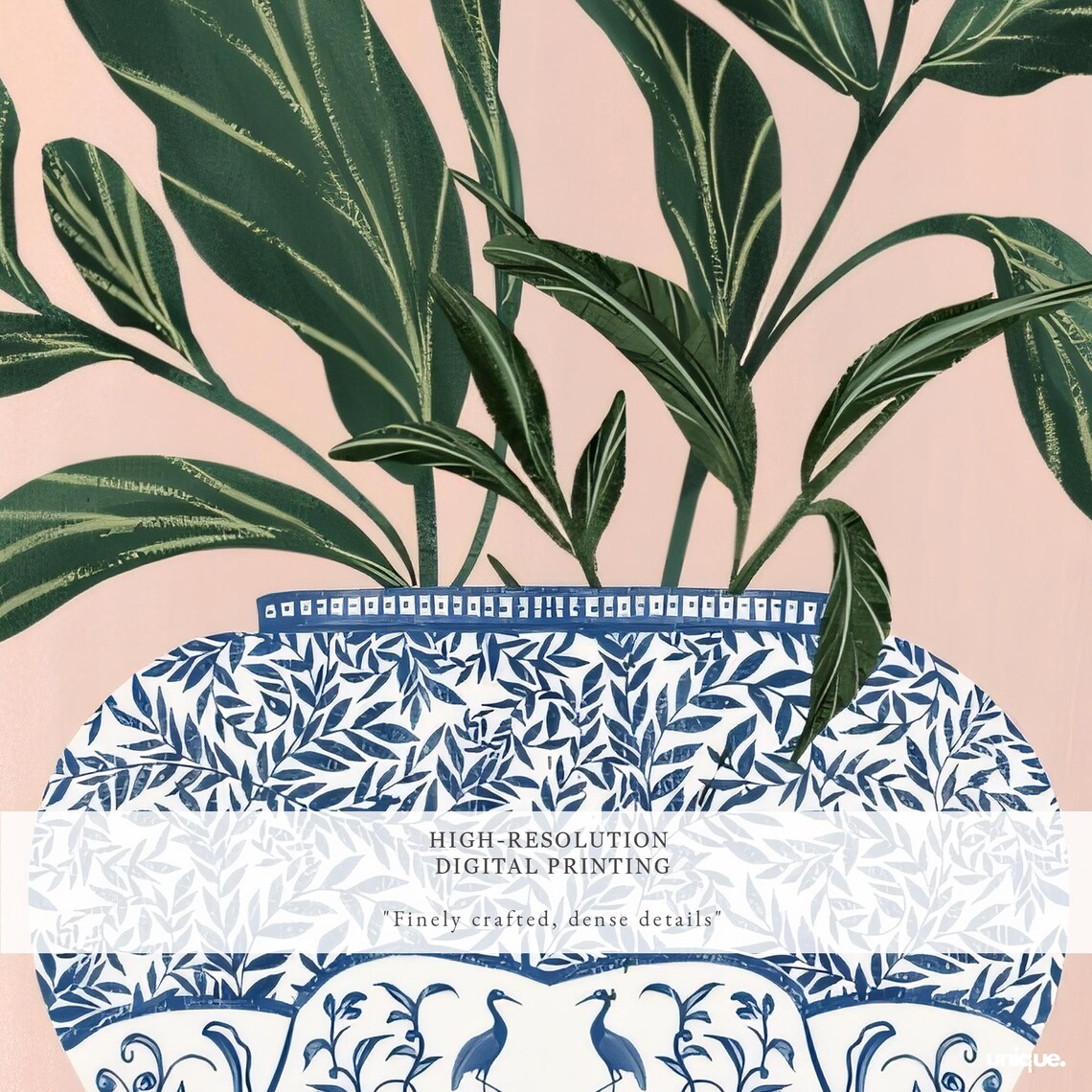 Blue Chinoiserie Vase with Green Plant on Blush Pink Art Poster - Image 2
