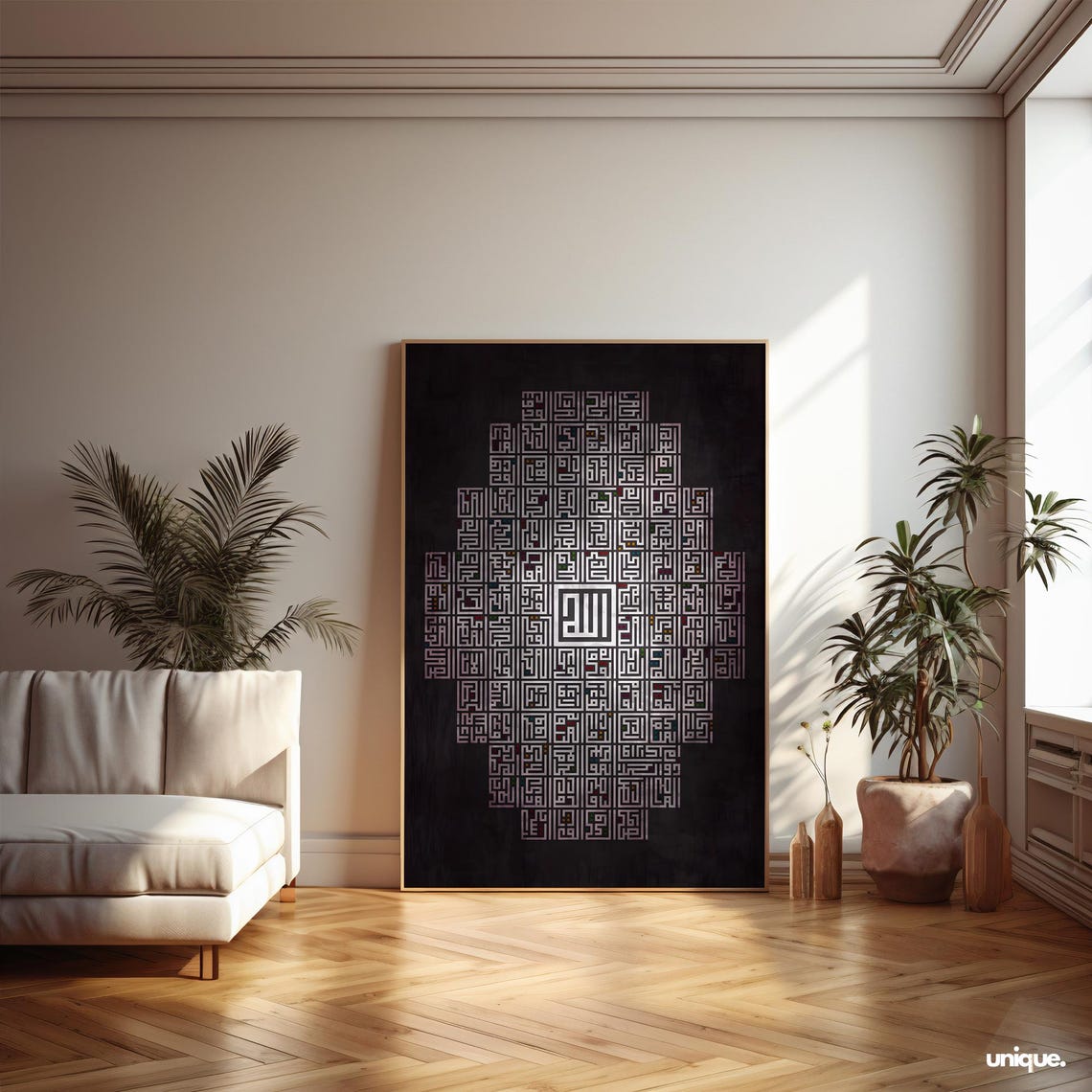 99 Names of Allah Silver Kufi Calligraphy on Black Islamic Poster - Image 2