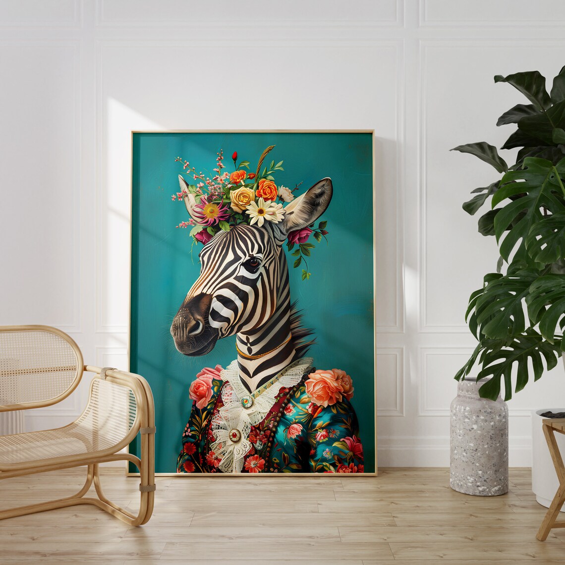 Floral Zebra Portrait Art Print, Animal Wall Art