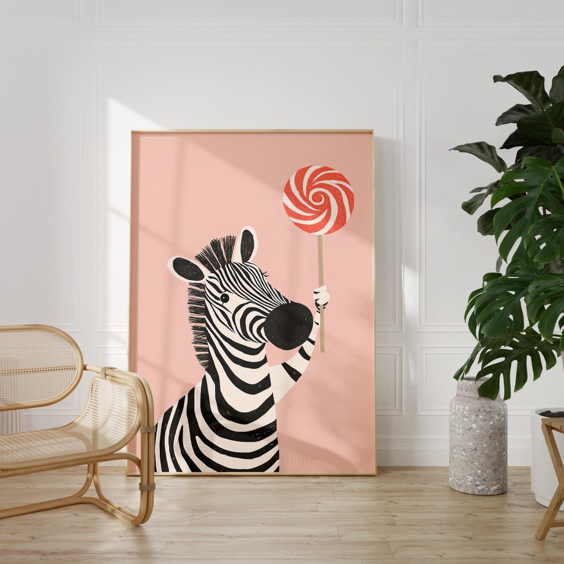 Cute Zebra Holding a Swirly Red Lollipop Pink Nursery Poster - Image 2