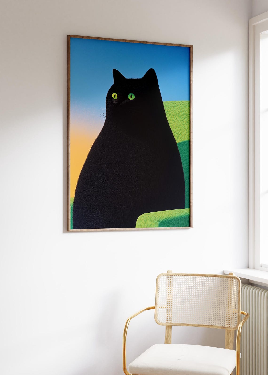 Chunky Black Cat with Green Eyes Against Sunset Gradient Poster - Image 3