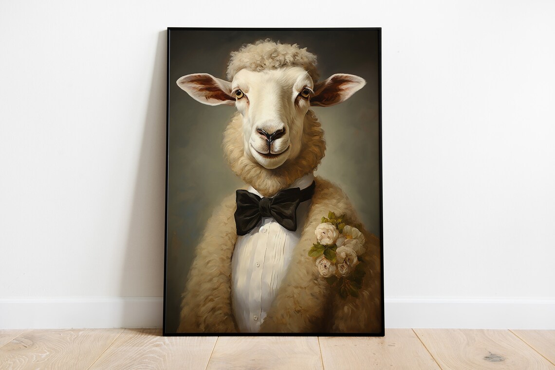 Gentleman Sheep in Tuxedo Bow Tie Portrait Funny Animal Art Print