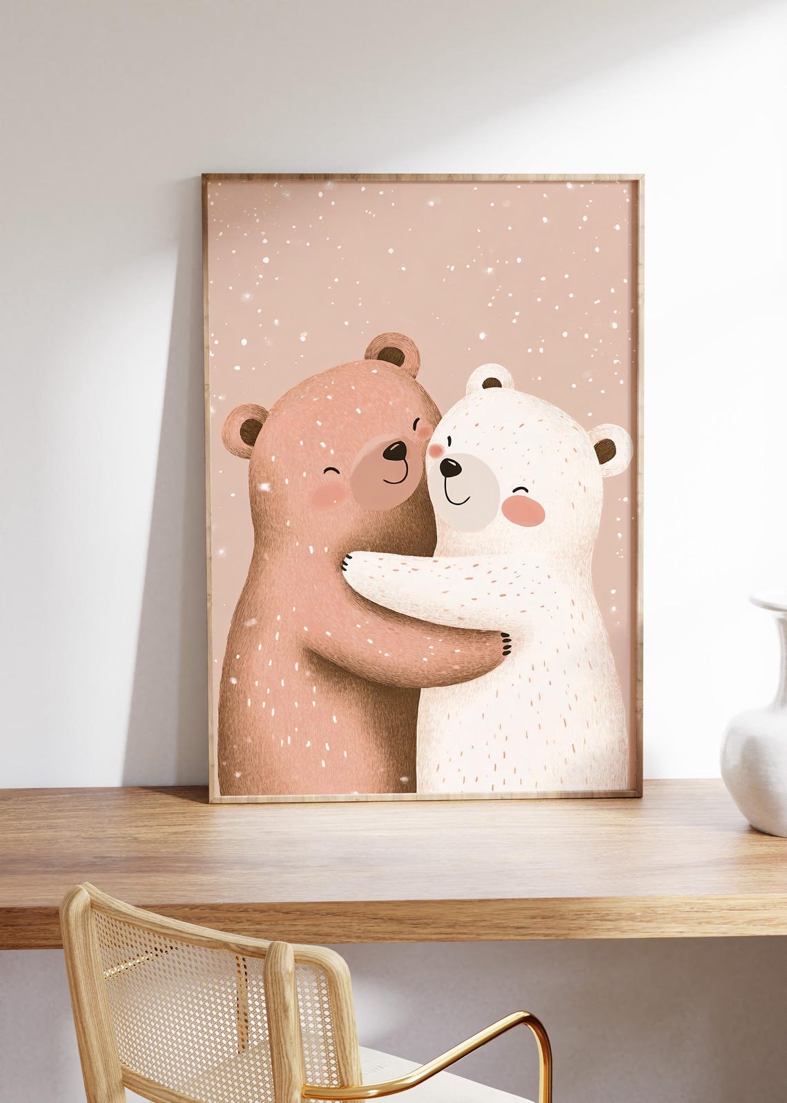 Two Bears Hugging in the Snow on a Blush Pink Nursery Poster - Image 3