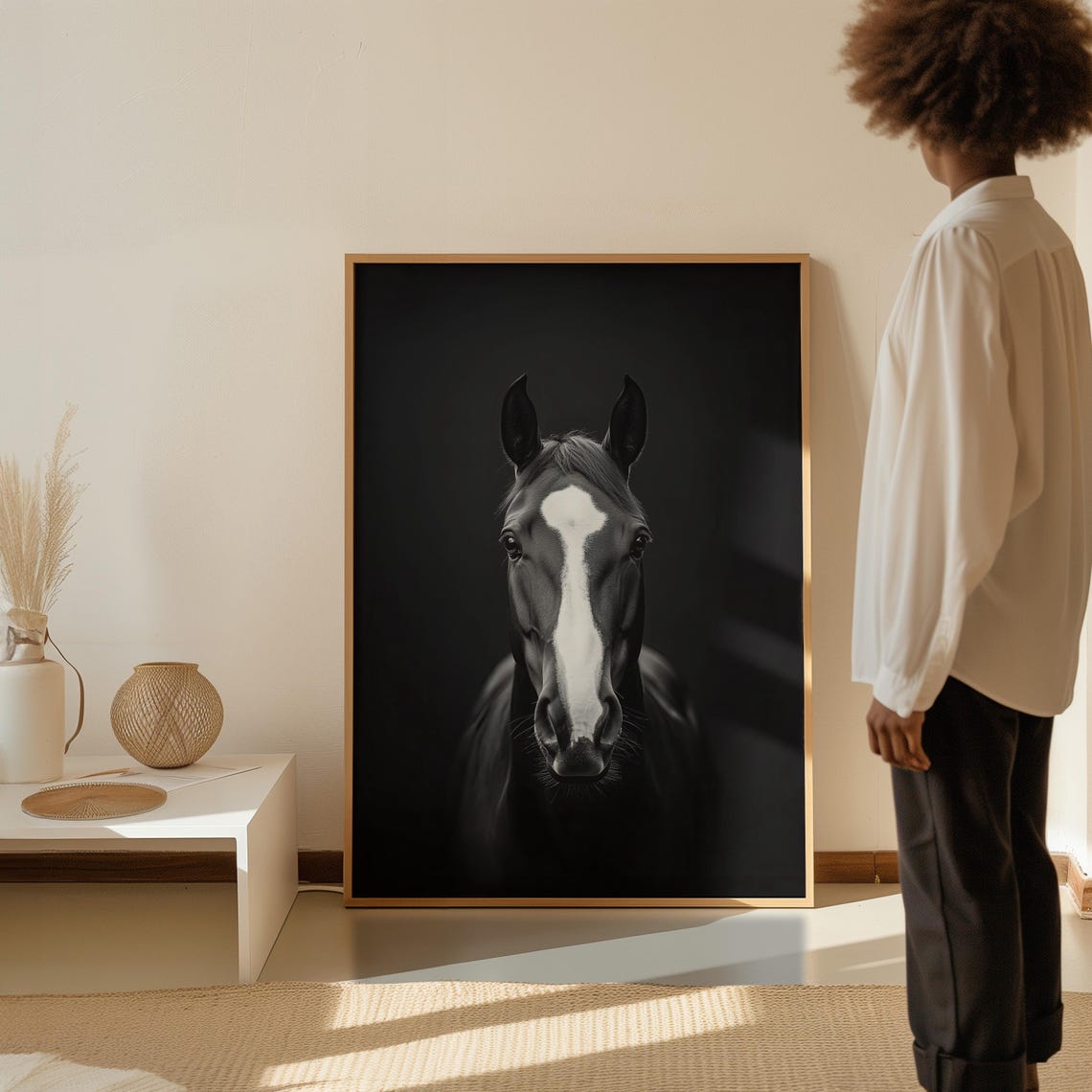Majestic Black Stallion with White Blaze Dramatic Dark Portrait Poster - Image 2
