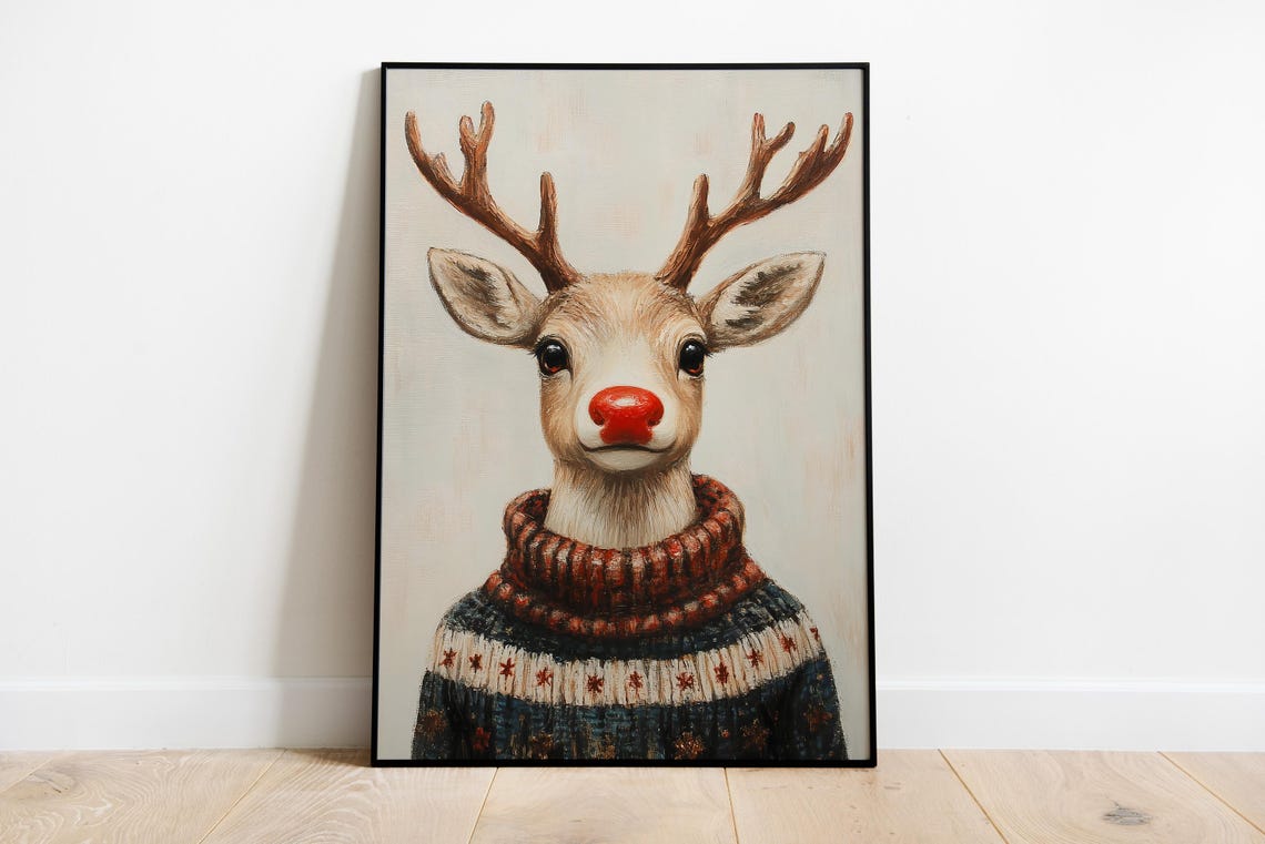 Adorable Red Nosed Reindeer in Cozy Knit Christmas Sweater Poster
