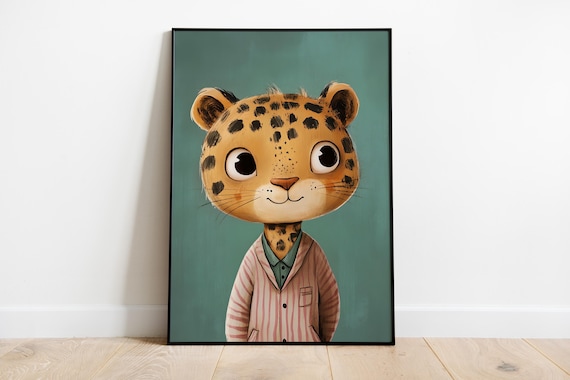 Adorable Spotted Big Cat Cub in Striped Pajamas Green Poster