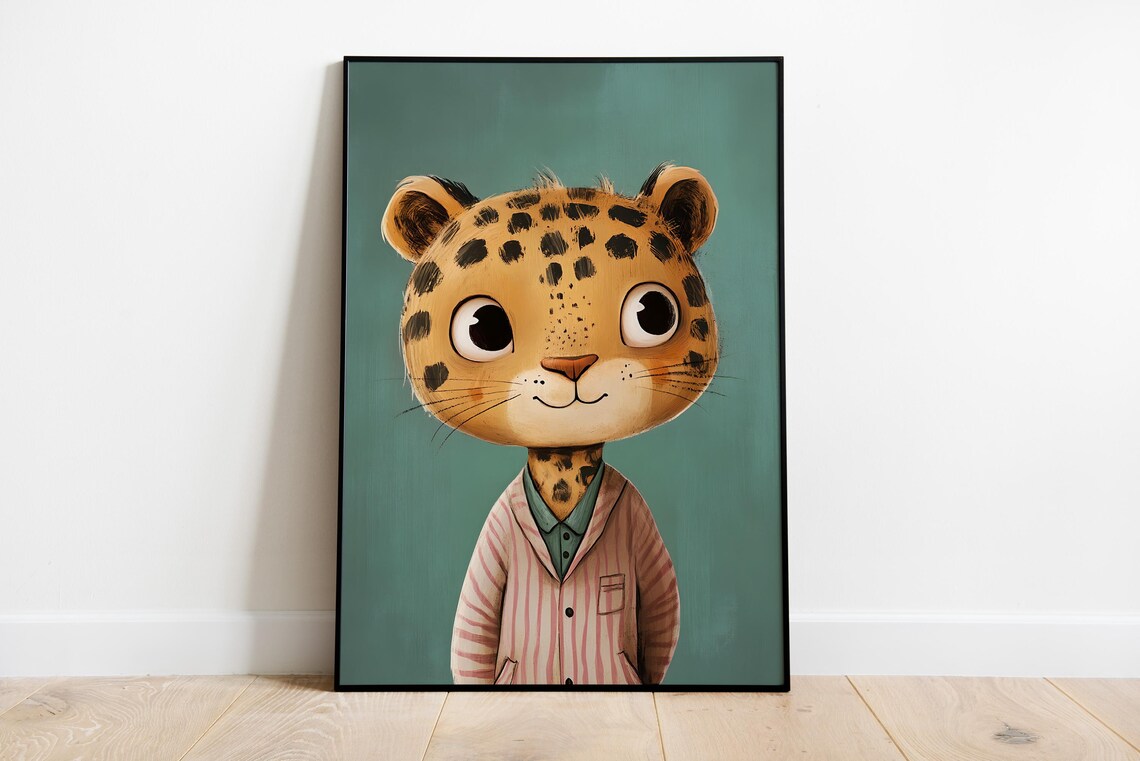 Adorable Spotted Big Cat Cub in Striped Pajamas Green Poster