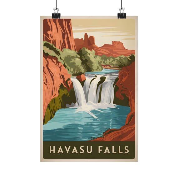 Havasu Falls Art Print Vintage Landscape Poster Nature Wall Decor Southwest Home Waterfall Photography Hiking Gift