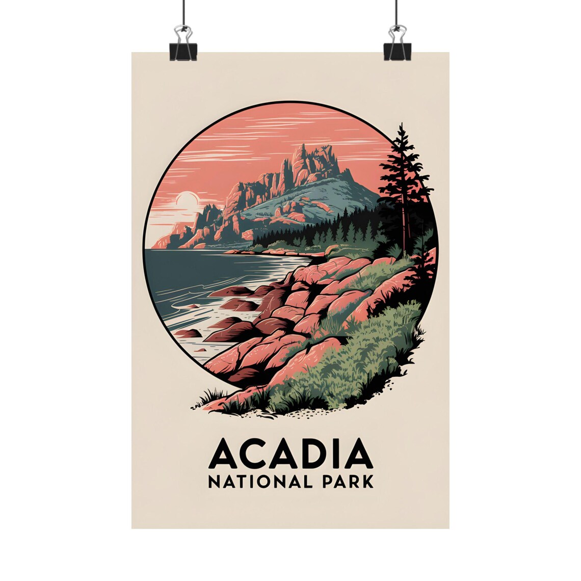 Acadia National Park Circle Badge Rocky Coastline Vintage Art Poster