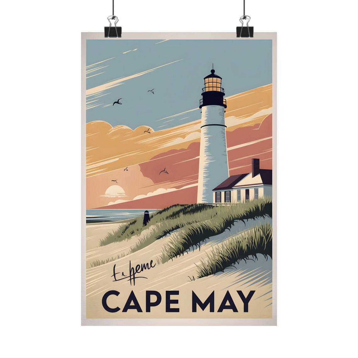Cape May Lighthouse Sunset Dunes Seagulls Retro Coastal Travel Poster