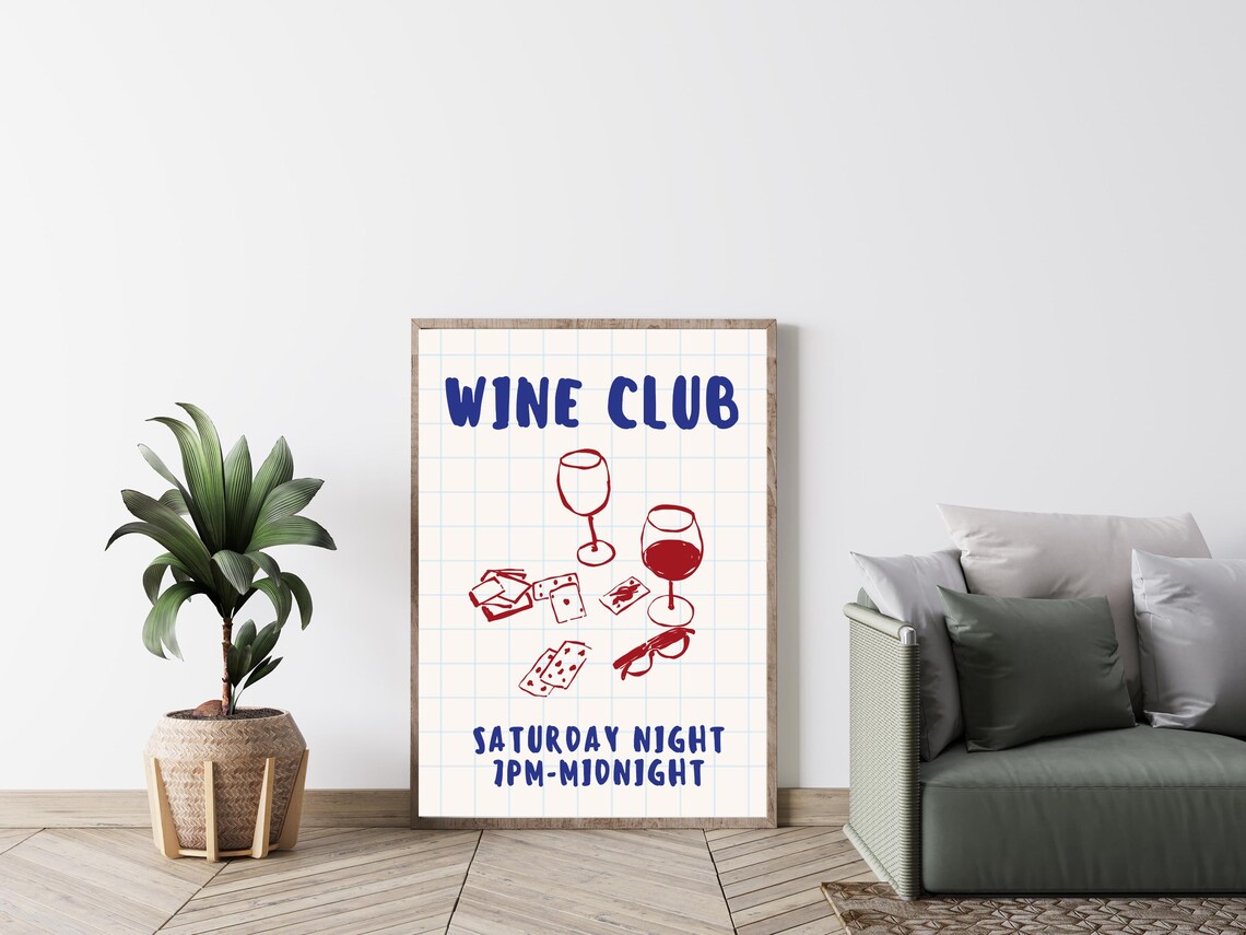 Wine Club Saturday Night Hand Drawn Wine Glass Sketch Poster - Image 2