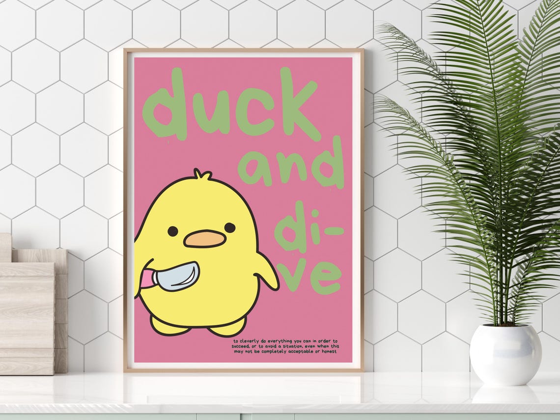 Duck And Dive Cute Duckling Dictionary Definition Pink Poster - Image 3