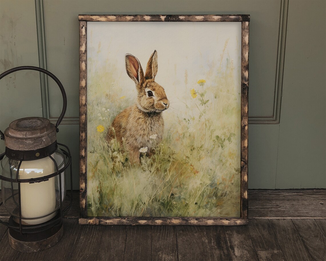 Rabbit Vintage Style Painting, Cottage Easter Spring Decor - Image 2