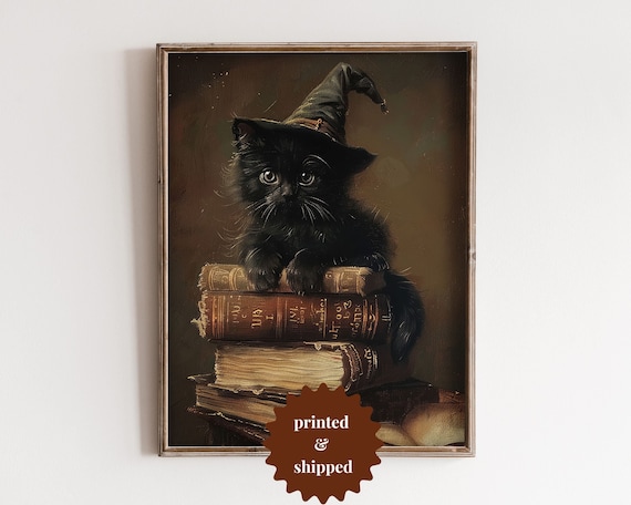 Black Kitten Witch Hat Spell Books Halloween Painting Art Poster