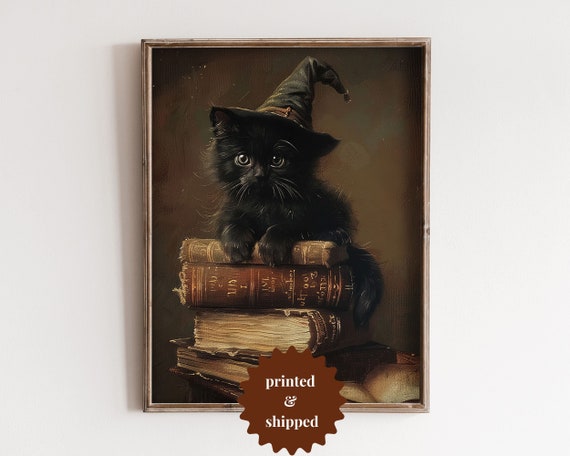 Little Black Cat Halloween Print Vintage Style Painting Wall Art Moody Cottage Halloween Decor Printed And Shipped No B065