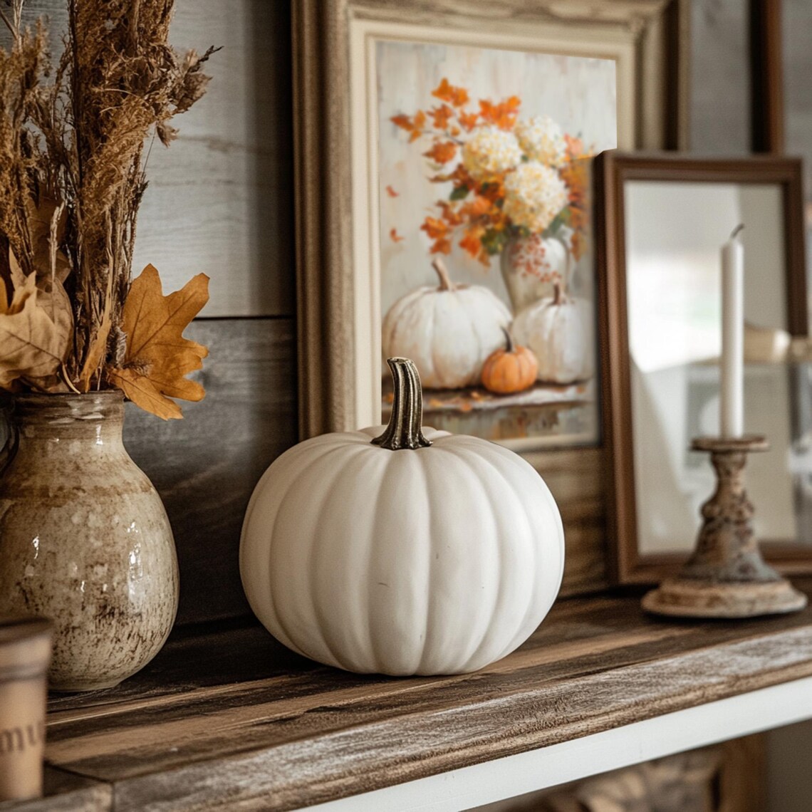 White Pumpkins And Autumn Flowers, Vintage Style - Image 2