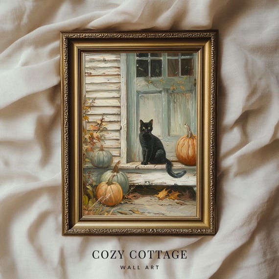 Black Cat On Porch, Vintage Style Poster Print