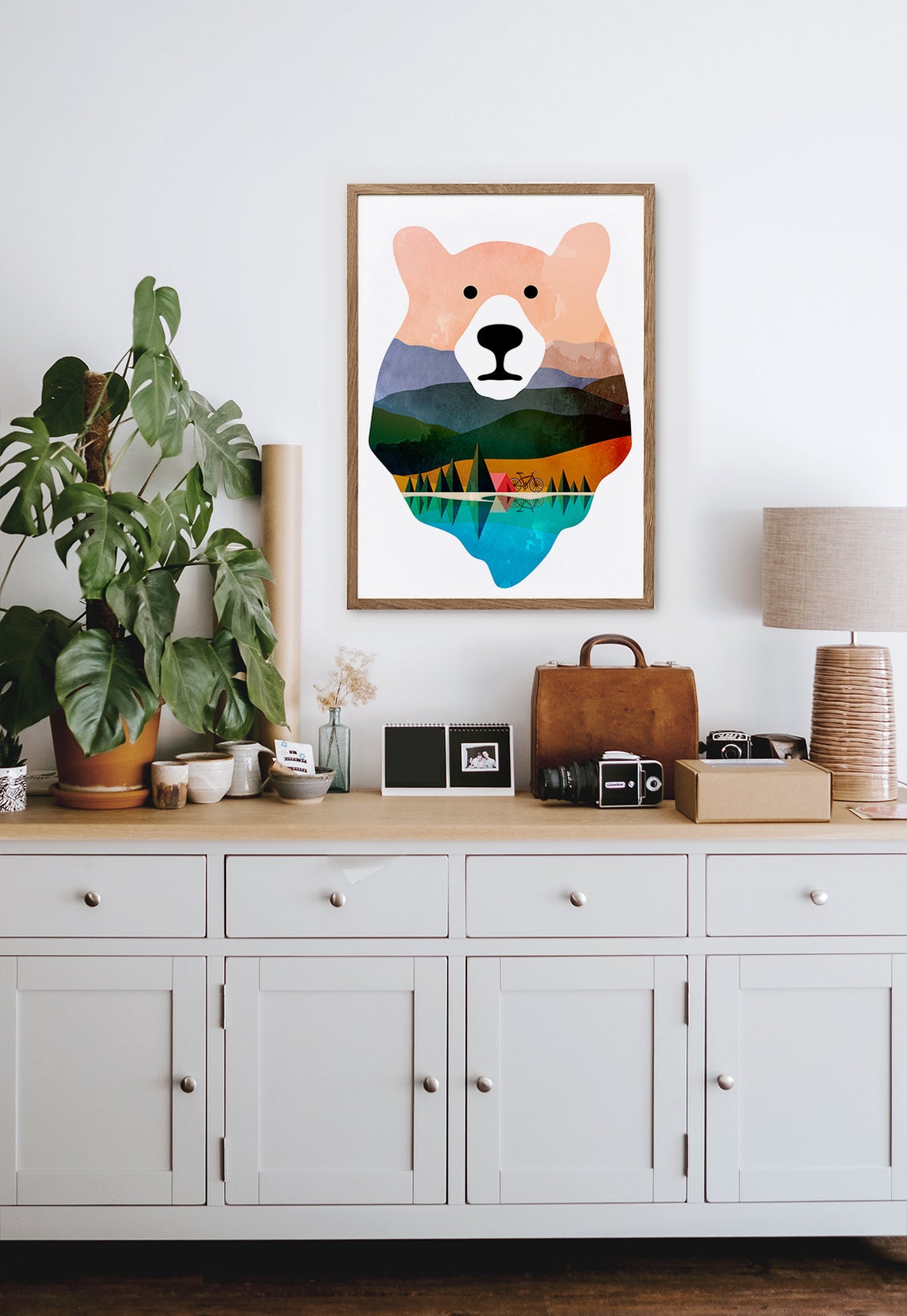 Bear Head Double Exposure Camping Scene Tent Bicycle Lake Art Poster - Image 3