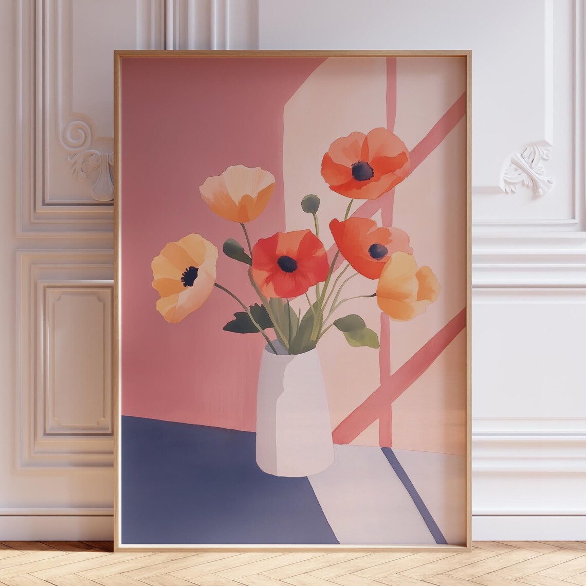 Coral Poppies in a White Vase Floral Still Life Poster on Pink