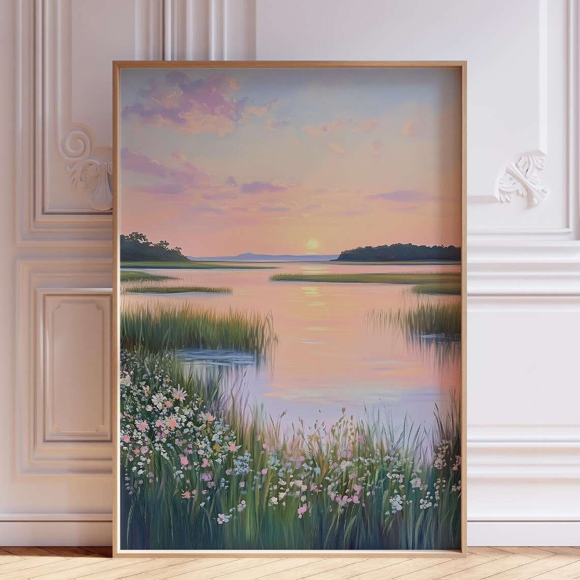 Pastel Wetland Sunset Wildflower Meadow Watercolor Scene Poster