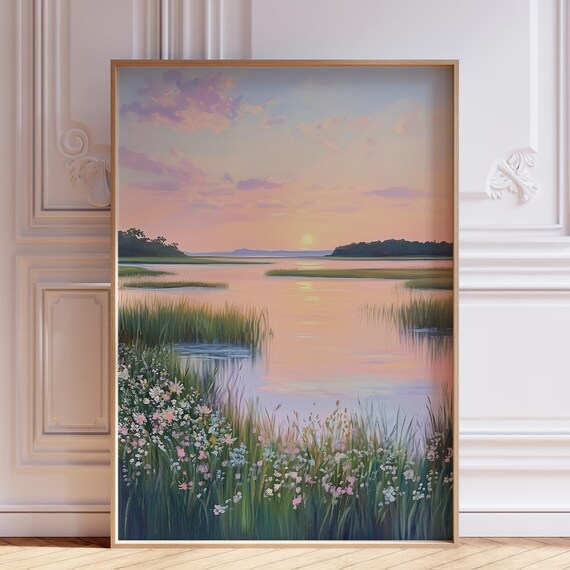 Pastel Wetland Sunset Wildflower Meadow Watercolor Scene Poster