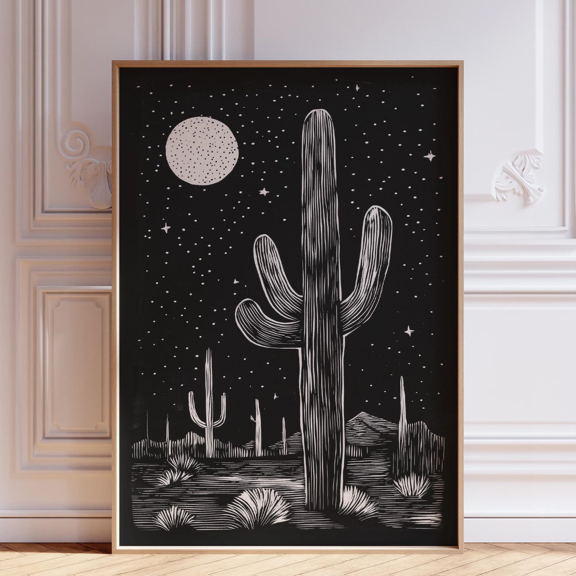 Tall Saguaro Cactus Under Full Moon Starry Night Linocut Poster