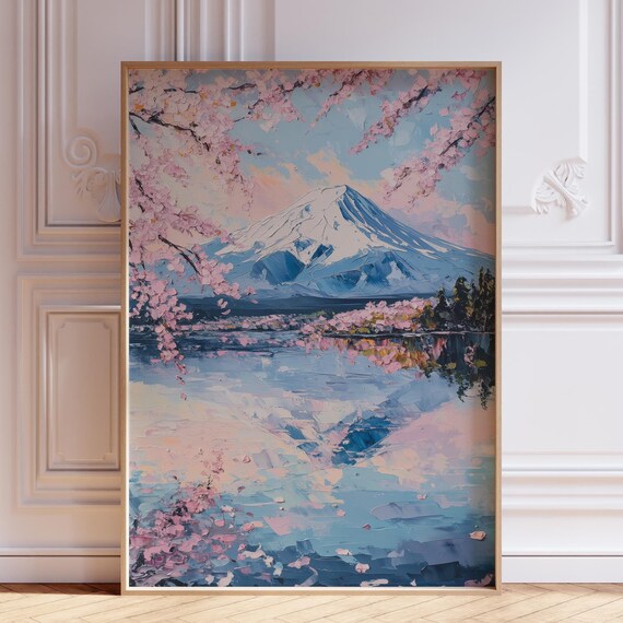 Mount Fuji Cherry Blossom Bright Daytime Blue Sky Lake Oil Poster