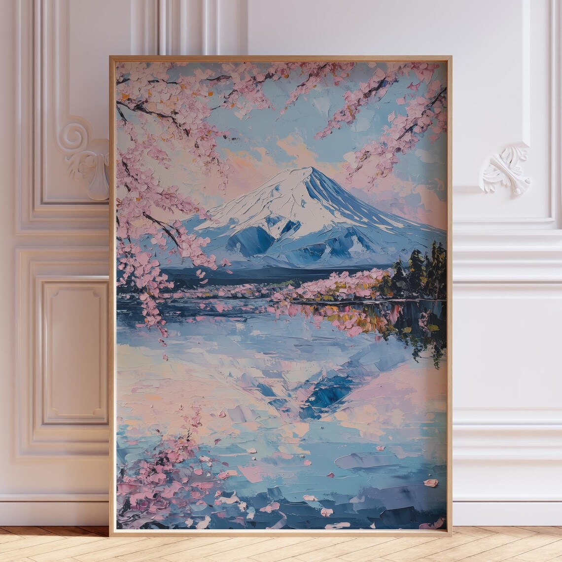 Mount Fuji Cherry Blossom Bright Daytime Blue Sky Lake Oil Poster